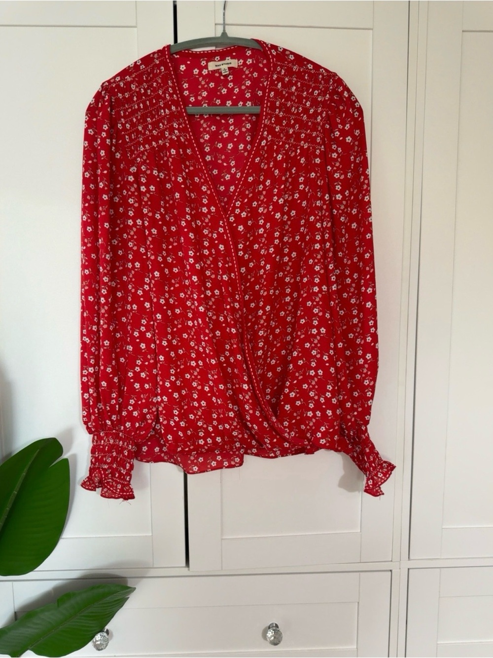 Max Studio Red Floral Wrap Blouse